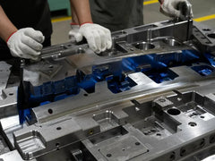 Workers with white gloves assembling precision‑machined industrial injection mould in workshop