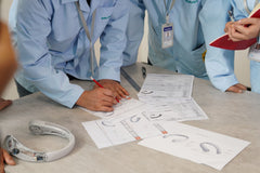 Several Weilan MFG engineers gather to perform early DFM analysis using design drawings and a neck fan prototype.