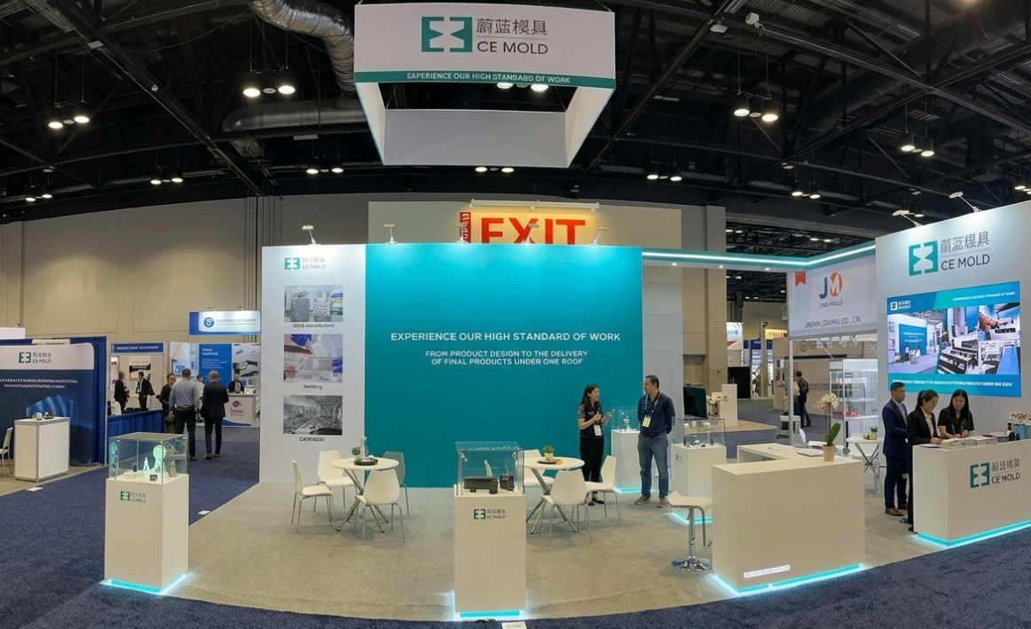 CE MOLD booth overview at NPE2024 in Orlando with blue banner reading Experience Our High Standard of Work