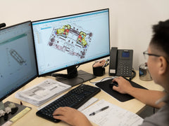 Engineer reviewing a plastic injection mold design on dual CAD workstations